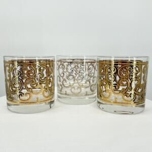 Set of 3 Georges Briard Spanish Gold Signed Lowball Glasses 1960s MCM Dishware